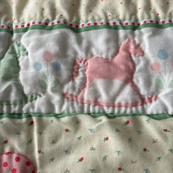 Vintage Nursery Baby Quilt Featuring Bear Cat Dog And Rabbit Rocking Horse Trim - Picture 13 of 16